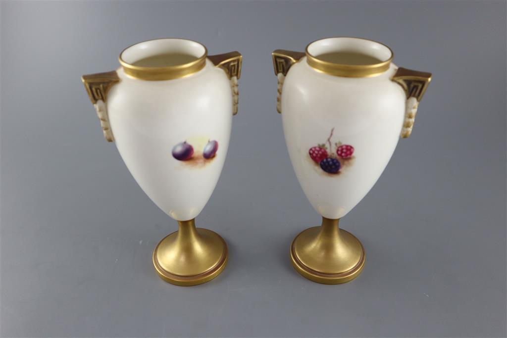 A pair of Royal Worcester fruit painted oviform vases, post-war, painted by J. Cook & P. Lynes, 21cm high